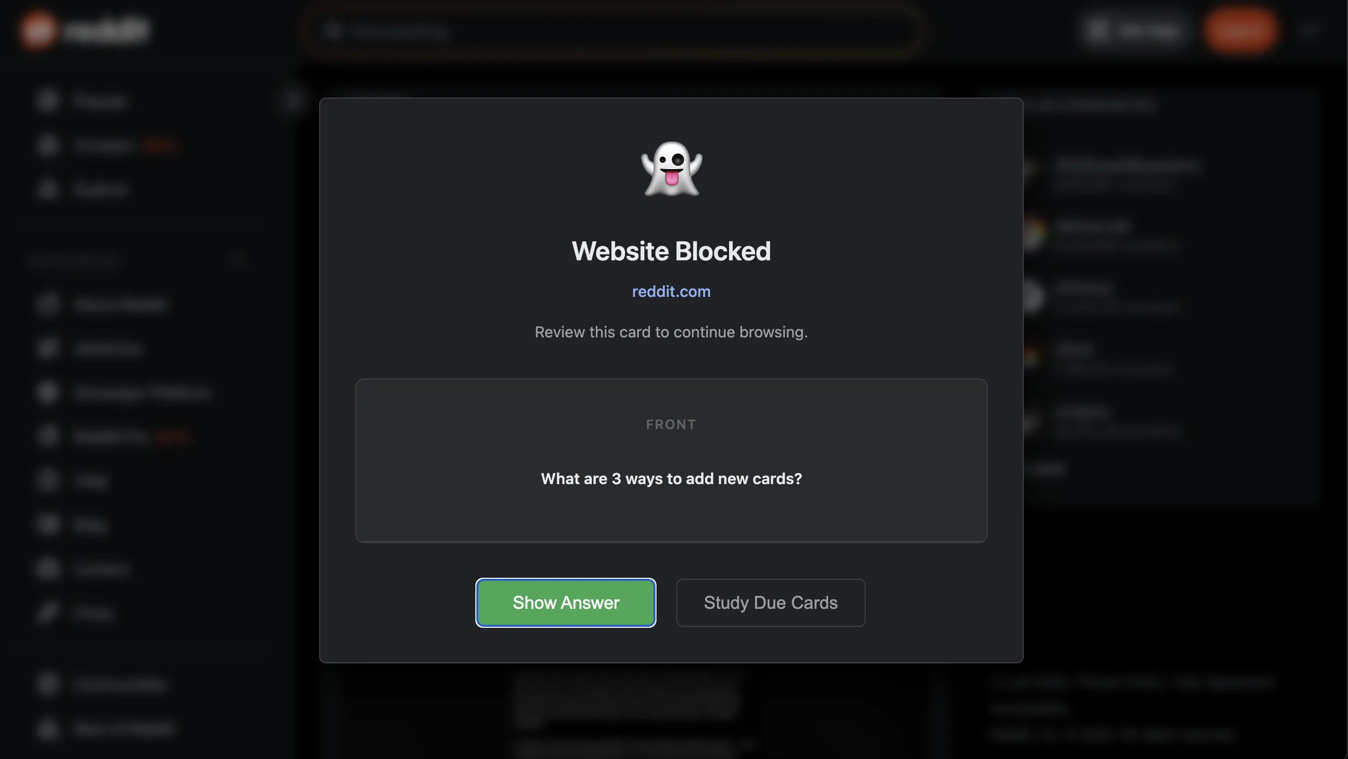 Screenshot: Question overlay on blocked site